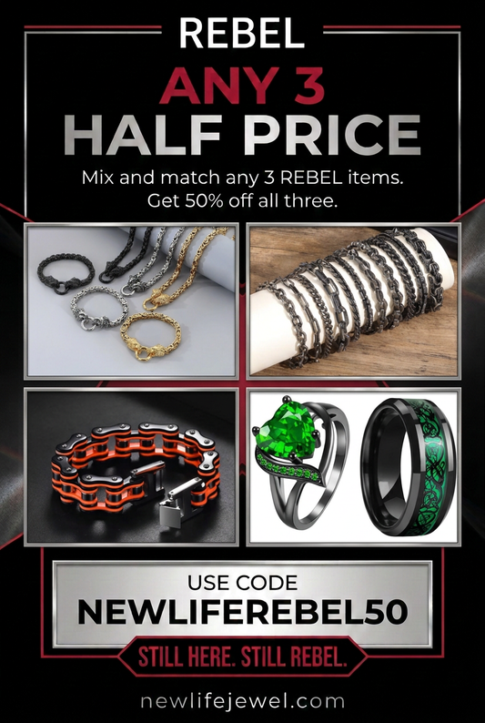 REBEL Any 3 Half Price flyer with chains, bracelets and green rings